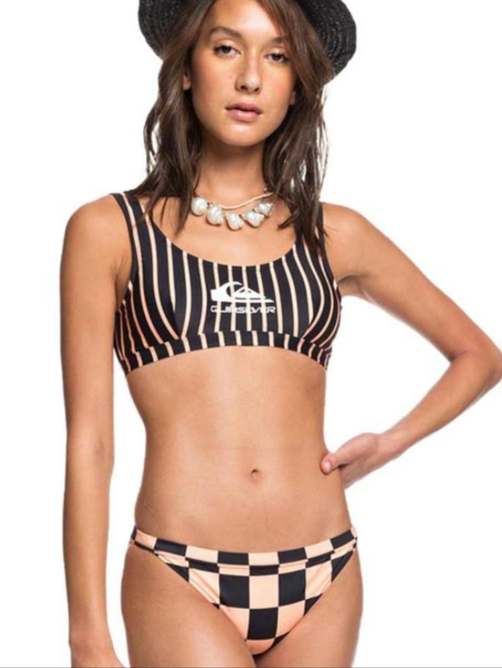 NWT Quiksilver Women's Black & Peach Striped Bikini Top